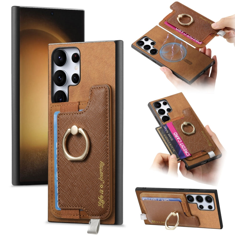 Retro Cross Leather Ring Horizontal Insert Card Bag MagSafe Phone Case, For Samsung Galaxy S23 Ultra 5G, For Samsung Galaxy S23+ 5G, For Samsung Galaxy S23 5G, For Samsung Galaxy A16