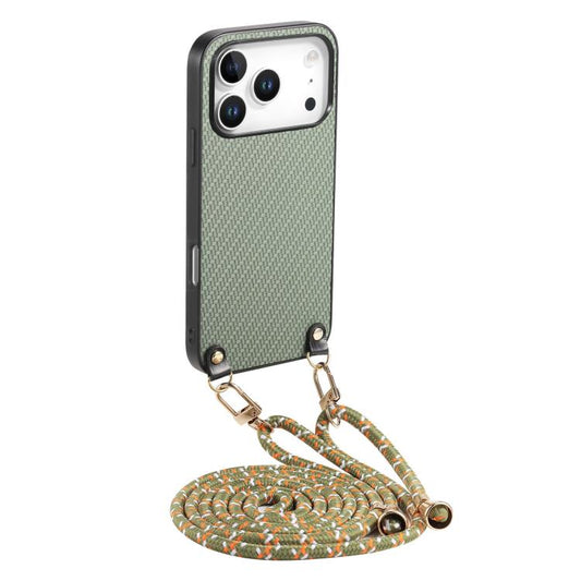 Carbon Fiber Texture Leather Back Phone Case with Crossbody Strap
