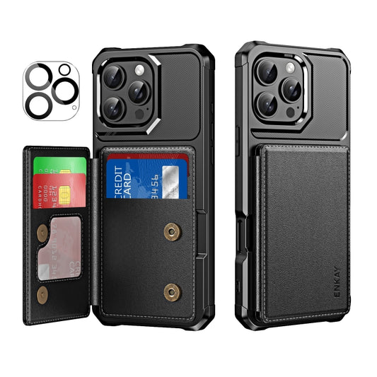 ENKAY Hat-Prince Card Slot Wallet TPU Back Leather Phone Case with Lens Film, For iPhone 16 Pro Max, For iPhone 16 Pro, For iPhone 16 Plus, For iPhone 16