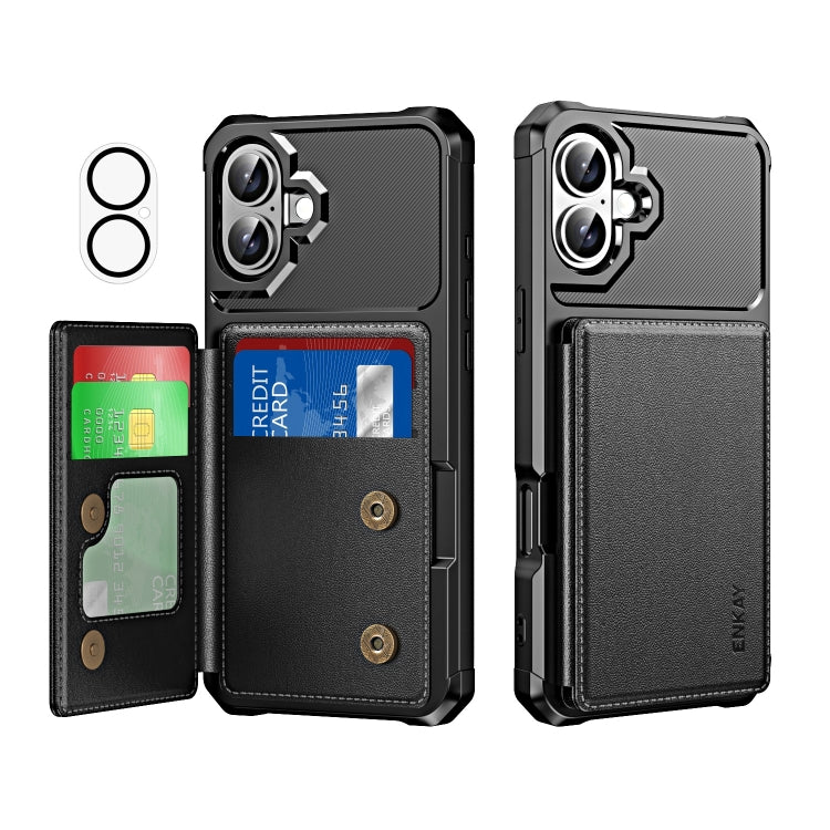 ENKAY Hat-Prince Card Slot Wallet TPU Back Leather Phone Case with Lens Film, For iPhone 16 Pro Max, For iPhone 16 Pro, For iPhone 16 Plus, For iPhone 16