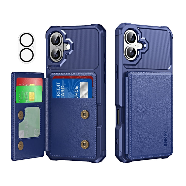 ENKAY Hat-Prince Card Slot Wallet TPU Back Leather Phone Case with Lens Film, For iPhone 16 Pro Max, For iPhone 16 Pro, For iPhone 16 Plus, For iPhone 16