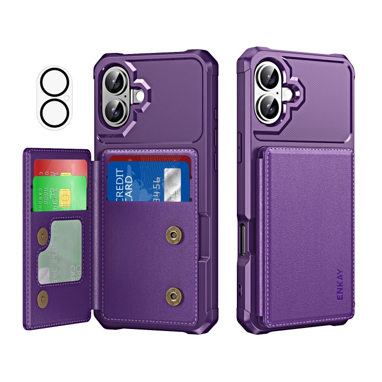 ENKAY Hat-Prince Card Slot Wallet TPU Back Leather Phone Case with Lens Film, For iPhone 16 Pro Max, For iPhone 16 Pro, For iPhone 16 Plus, For iPhone 16