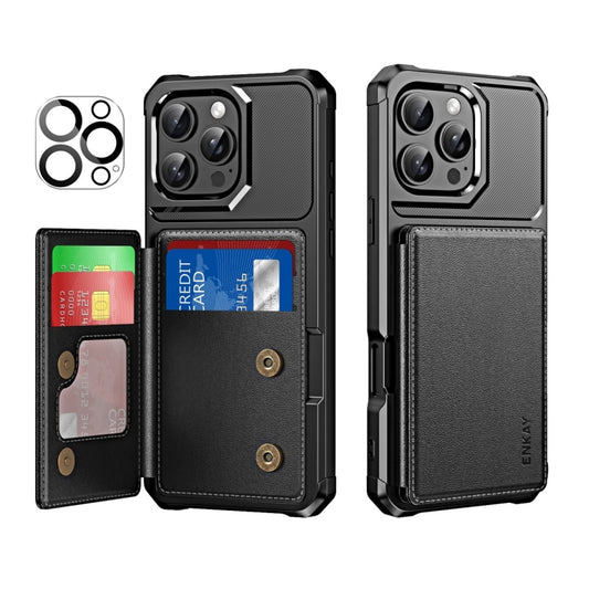 ENKAY Hat-Prince Card Slot Wallet TPU Back Leather Phone Case with Lens Film, For iPhone 15 Pro Max, For iPhone 15 Pro, For iPhone 15 Plus, For iPhone 15