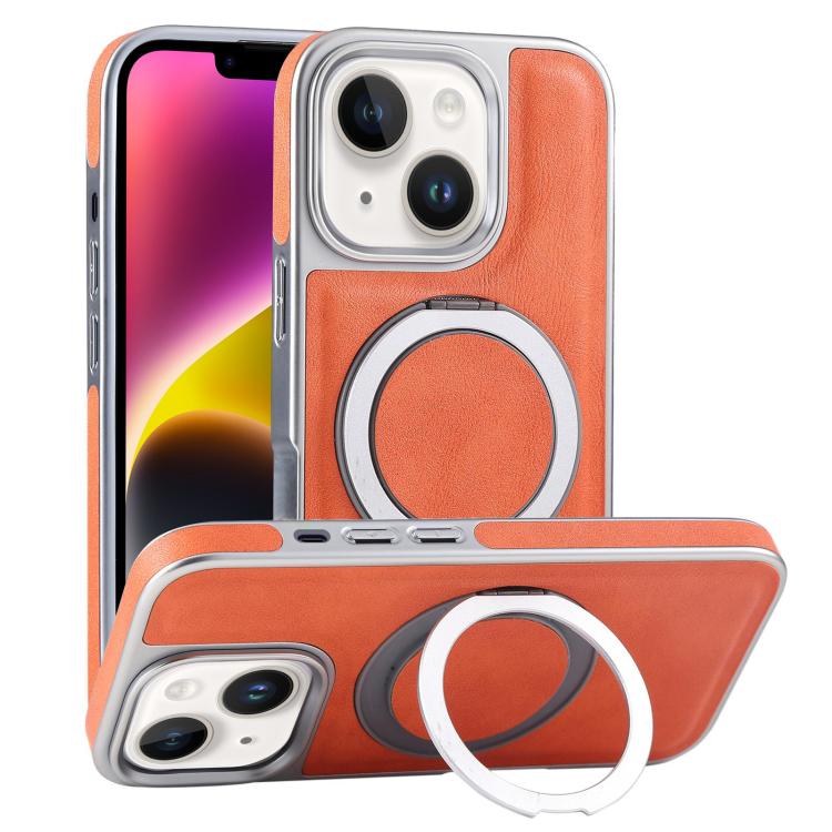 Plated Leather Grain Rotation MagSafe Holder Phone Case, For iPhone 14 Plus, For iPhone 14, For iPhone 14 Pro, For iPhone 14 Pro Max