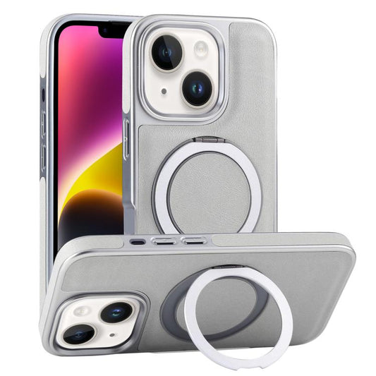 Plated Leather Grain Rotation MagSafe Holder Phone Case, For iPhone 14 Plus, For iPhone 14, For iPhone 14 Pro, For iPhone 14 Pro Max
