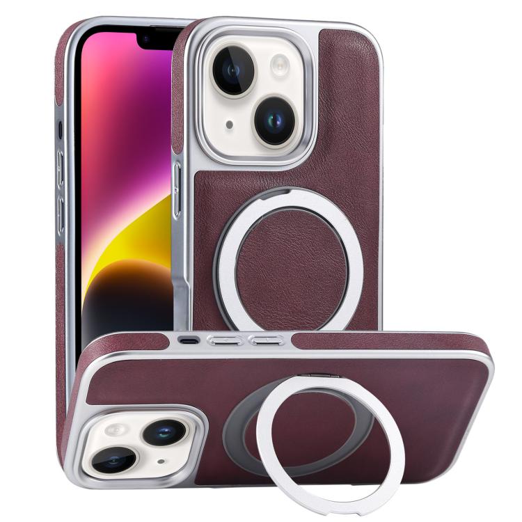 Plated Leather Grain Rotation MagSafe Holder Phone Case, For iPhone 14 Plus, For iPhone 14, For iPhone 14 Pro, For iPhone 14 Pro Max