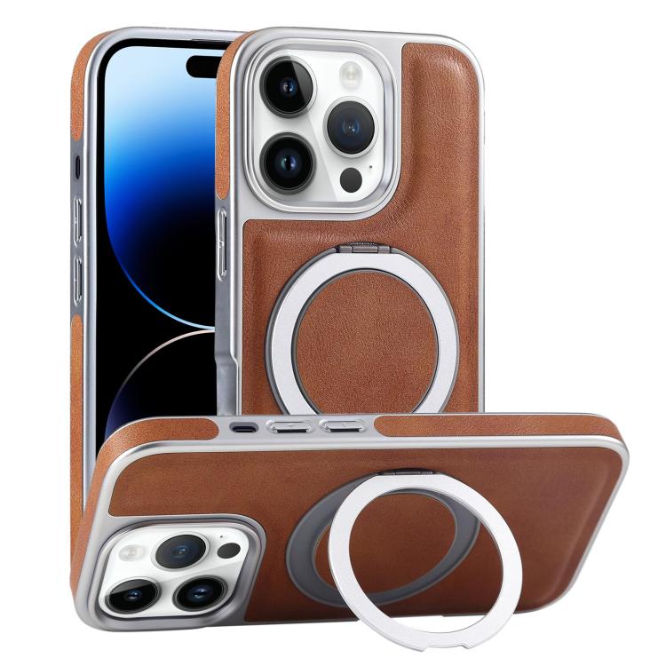 Plated Leather Grain Rotation MagSafe Holder Phone Case, For iPhone 14 Plus, For iPhone 14, For iPhone 14 Pro, For iPhone 14 Pro Max