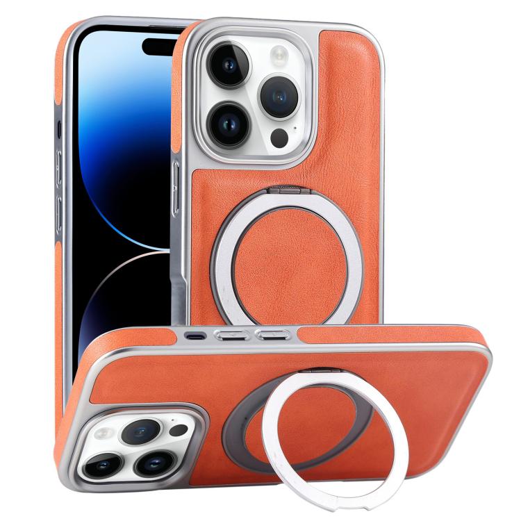 Plated Leather Grain Rotation MagSafe Holder Phone Case, For iPhone 14 Plus, For iPhone 14, For iPhone 14 Pro, For iPhone 14 Pro Max
