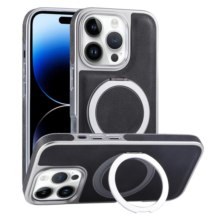 Plated Leather Grain Rotation MagSafe Holder Phone Case, For iPhone 14 Plus, For iPhone 14, For iPhone 14 Pro, For iPhone 14 Pro Max