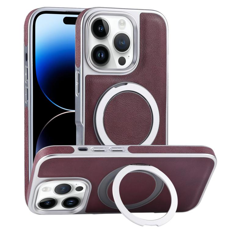 Plated Leather Grain Rotation MagSafe Holder Phone Case, For iPhone 14 Plus, For iPhone 14, For iPhone 14 Pro, For iPhone 14 Pro Max