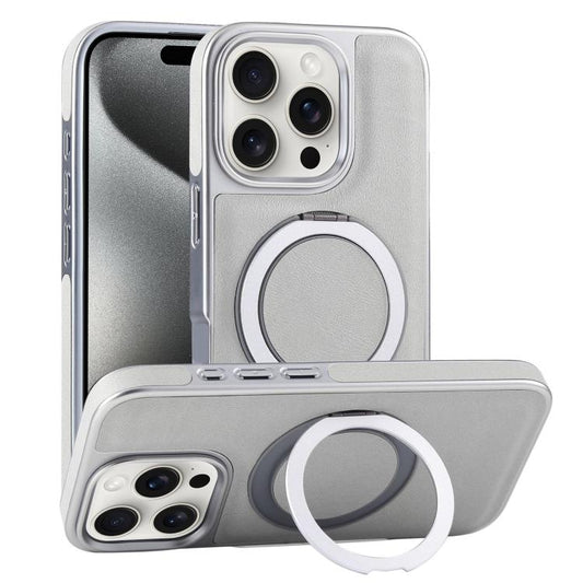 Plated Leather Grain Rotation MagSafe Holder Phone Case, For iPhone 15 Pro Max, For iPhone 15 Pro, For iPhone 15 Plus, For iPhone 15