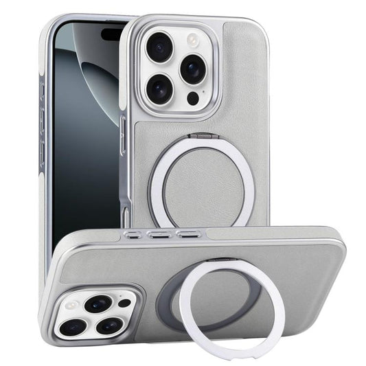 Plated Leather Grain Rotation MagSafe Holder Phone Case, For iPhone 16 Pro Max, For iPhone 16 Pro, For iPhone 16 Plus, For iPhone 16