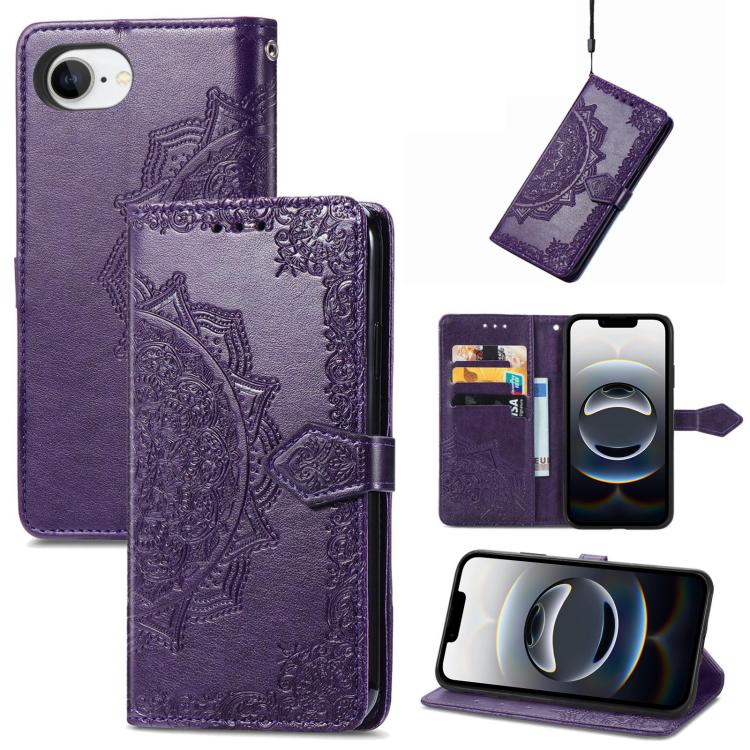 Mandala Flower Embossed Leather Phone Case, iPhone 16e