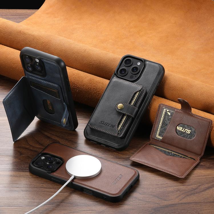 Suteni M4 Magnetic Card Bag MagSafe Leather Phone Case, For iPhone 12 Pro Max, For iPhone 12 Pro
