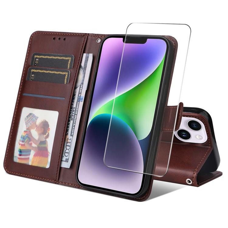 ENKAY Card Wallet Calf Texture Leather Phone Case with Thickened Glue No White Edge Film, For iPhone 15