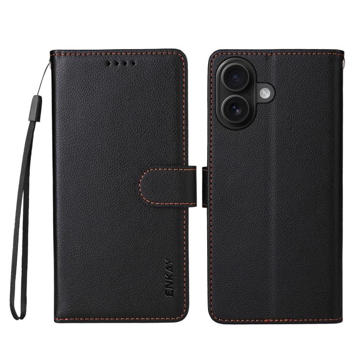 ENKAY RFID Blocking Wallet Kickstand Litchi Texture Leather Phone Case, For iPhone 16