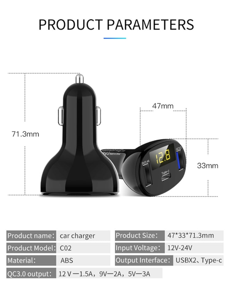 C02 Car Power Adapter in-car Phone Charger Type-C Fast Charger QC3.0 Dual USB Ports DC5V 2.4A 12V 24V Cigarette Lighter Power Supply, C02