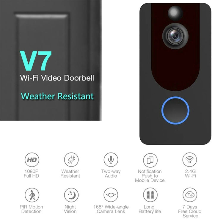 V7 1080P Full HD Weather Resistant WiFi Security Home Monitor Intercom Smart Phone Video Doorbell, Support Two-way Audio, PIR Motion Detection, Night Vision