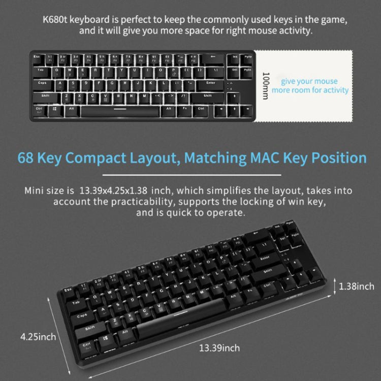 Ajazz K680T Mini USB Wired Dual-mode Charging 68-keys Laptop Bluetooth Mechanical Keyboard, Cable Length: 1.6m, Green Shaft, Black Shaft, Tea Shaft, Red Shaft