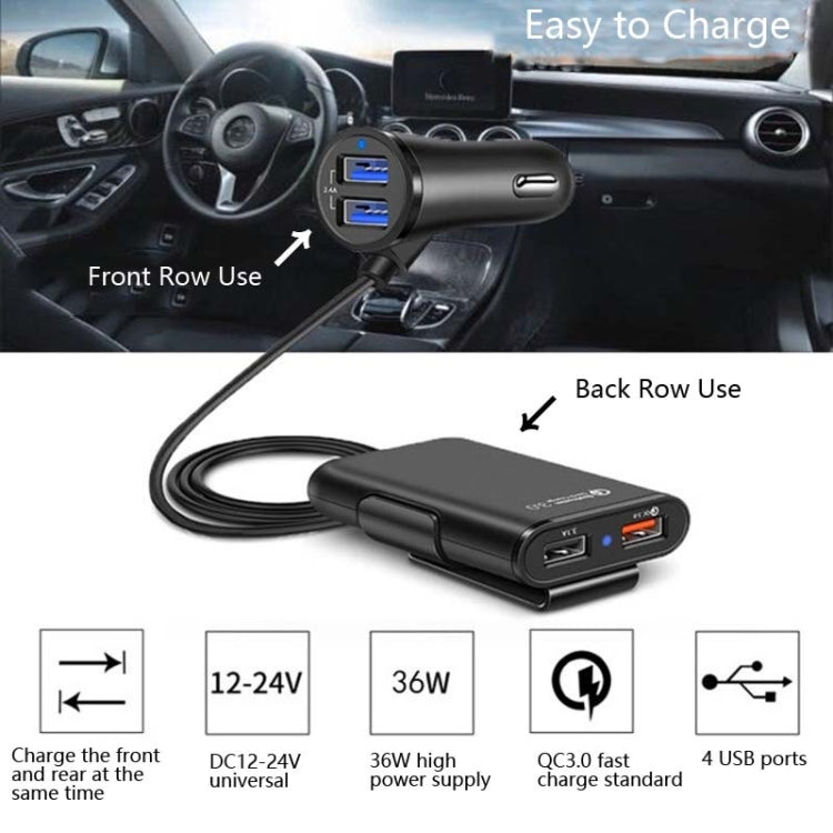 One For Four 8A Car Charger QC3.0 Fast Charge 4USB Car Front And Rear Seat Car Charger, 1PCS+Black