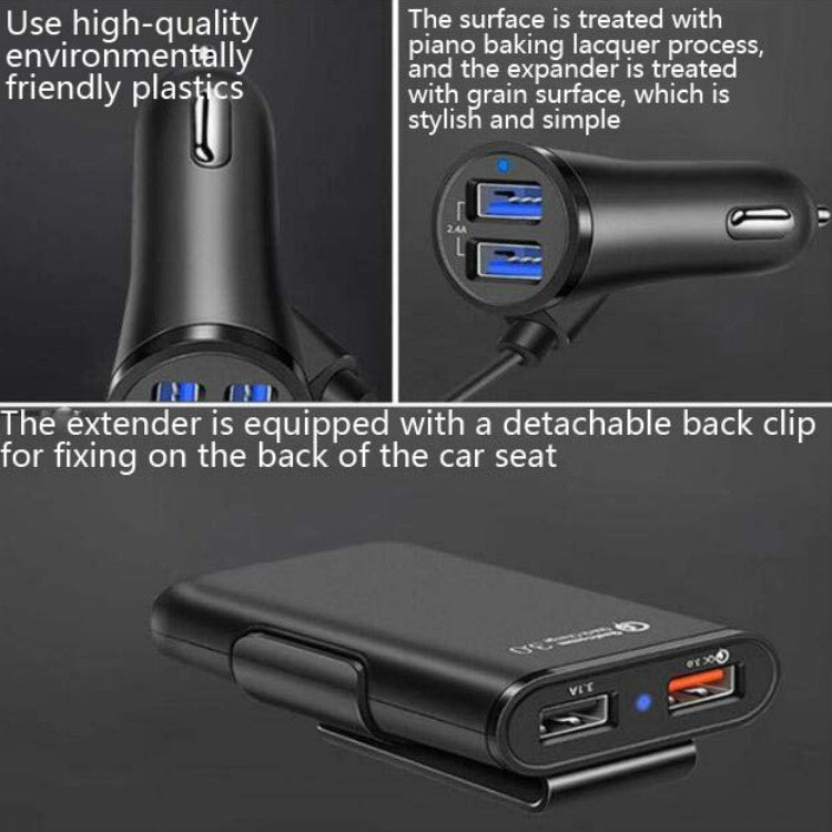 One For Four 8A Car Charger QC3.0 Fast Charge 4USB Car Front And Rear Seat Car Charger, 1PCS+Black