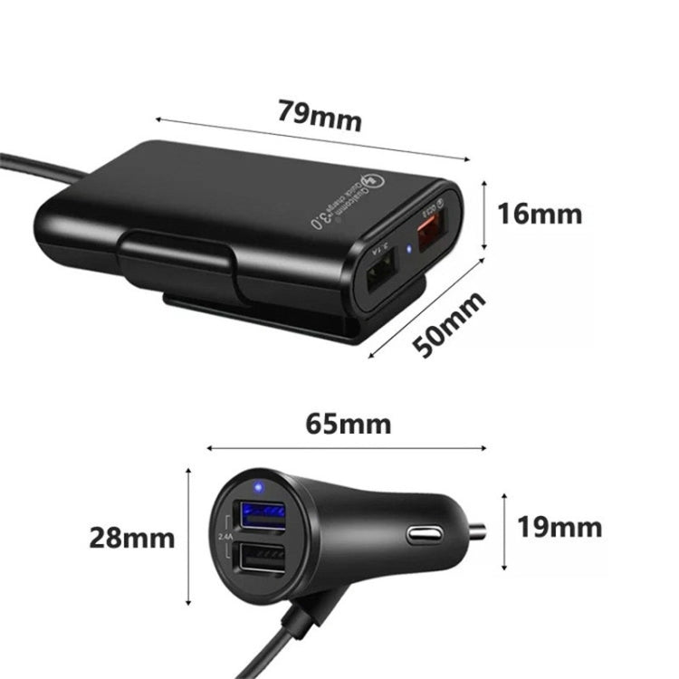 One For Four 8A Car Charger QC3.0 Fast Charge 4USB Car Front And Rear Seat Car Charger, 1PCS+Black