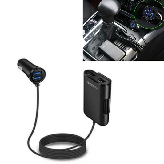 One For Four 8A Car Charger QC3.0 Fast Charge 4USB Car Front And Rear Seat Car Charger, 1PCS+Black