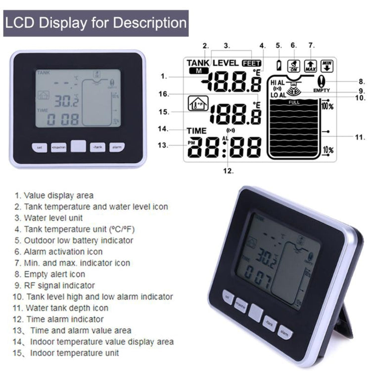 TS-FT002 Multifunctional Ultrasonic Electronic Water Tank Level Gauge With Indoor Temperature Thermometer Clock Display Water Level Gauge, TS-FT002