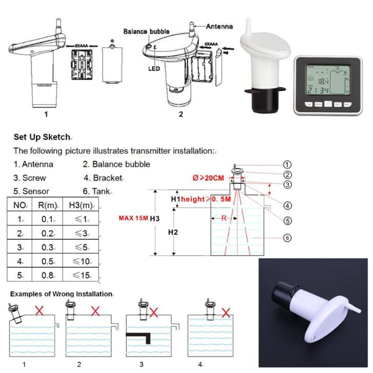 TS-FT002 Multifunctional Ultrasonic Electronic Water Tank Level Gauge With Indoor Temperature Thermometer Clock Display Water Level Gauge, TS-FT002