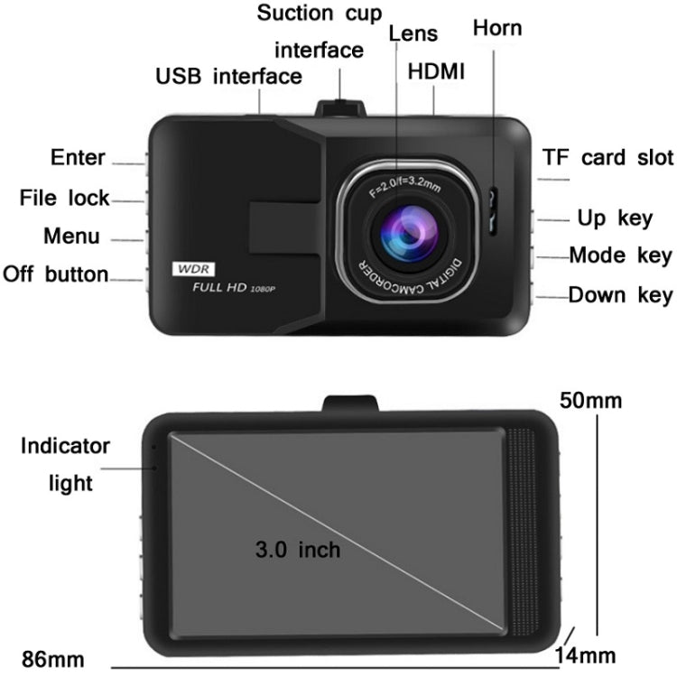 3.0 Inch HD 1080P Wide-Angle Driving Recorder With Reversing Image Specification：, Normal Definition Single Record（Black）