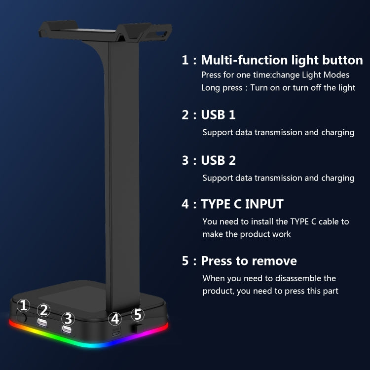 RGBD9 RGB Headset Stand Color-Changing Gaming Headset Stand Gaming Headset Display Stand with Dual USB Ports, RGBD9