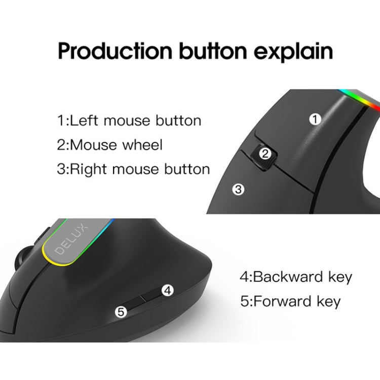 DELUX M618C 6 Keys 1600 DPI RGB Vertical Wireless Bluetooth Dual Mode Mouse, M618C(White), M618C(Black)