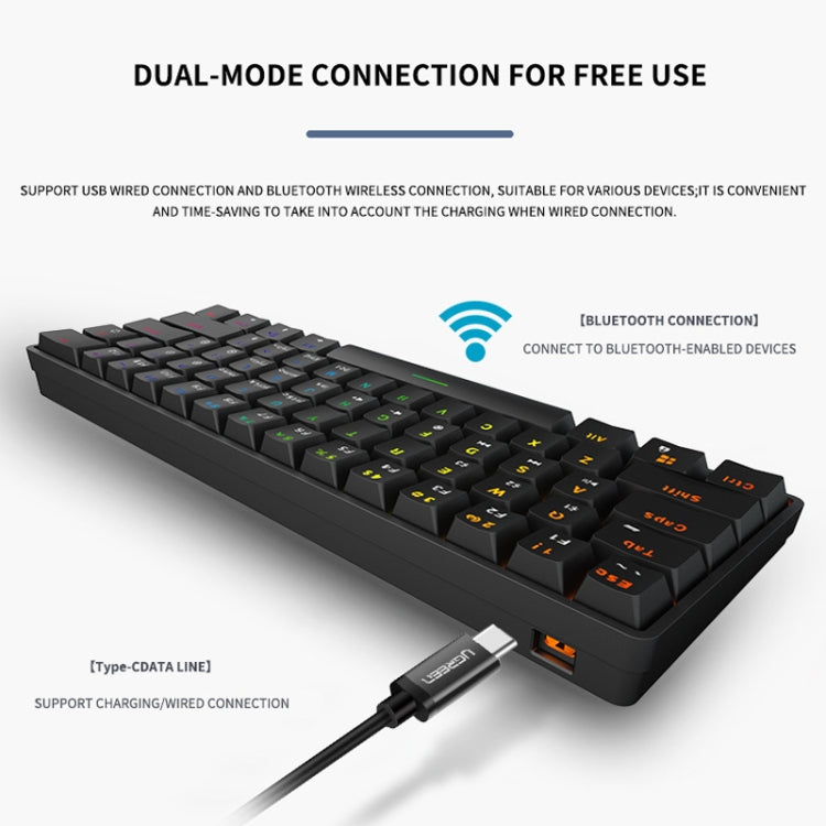 LEAVEN K28 61 Keys Gaming Office Computer RGB Wireless Bluetooth + Wired Dual Mode Mechanical Keyboard, Cabel Length:1.5m, Green Axis (White), Green Axis (Blue), Green Axis (Pink), Red Axis (White), Red Axis (Blue), Red Axis (Pink), Tea Axis (White)���...