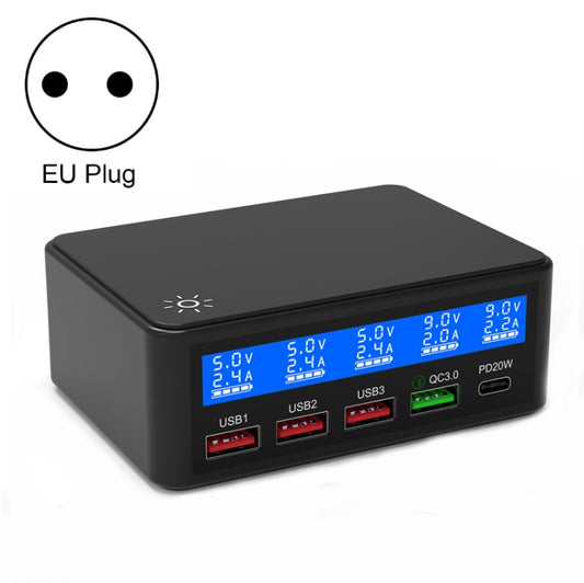 618 QC3.0 + PD20W + 3 x USB Ports Charger with Smart LCD Display,, EU Plug (Black), US Plug  (Black), AU Plug (Black), UK Plug  (Black), EU Plug (White), US Plug (White), AU Plug (White), UK Plug (White)