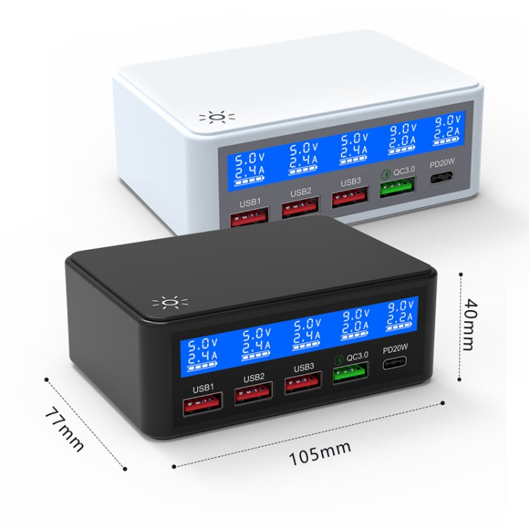 618 QC3.0 + PD20W + 3 x USB Ports Charger with Smart LCD Display,, EU Plug (Black), US Plug  (Black), AU Plug (Black), UK Plug  (Black), EU Plug (White), US Plug (White), AU Plug (White), UK Plug (White)