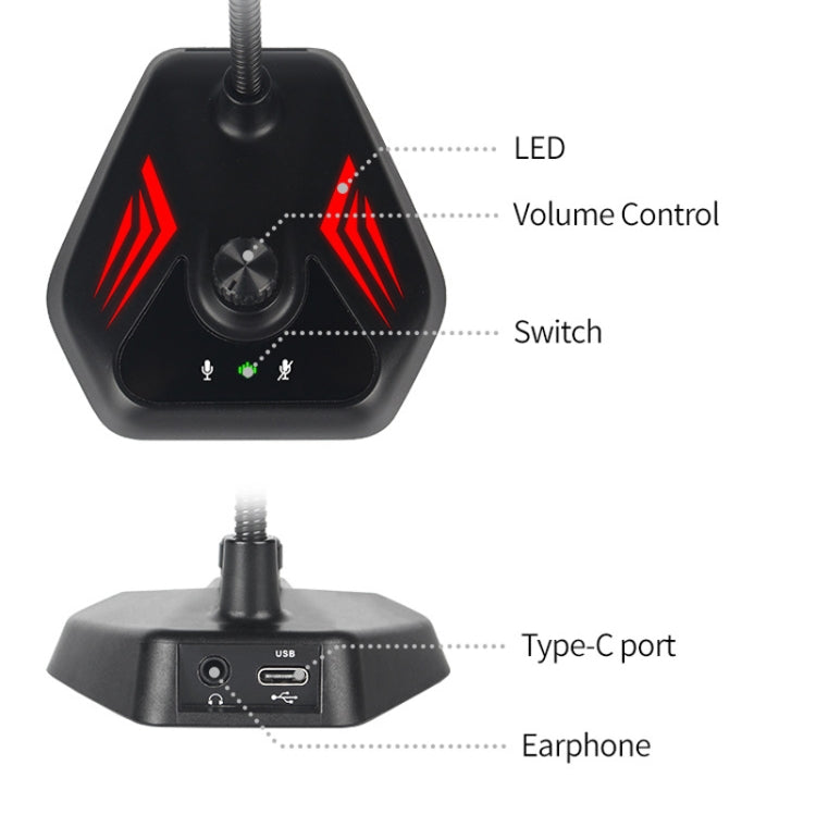 MI520 Desktop Computer Gooseneck Condenser Microphone, 6.35mm Interface, USB Version without RGB Breathing Lamp, USB Version with RGB Breathing Lamp