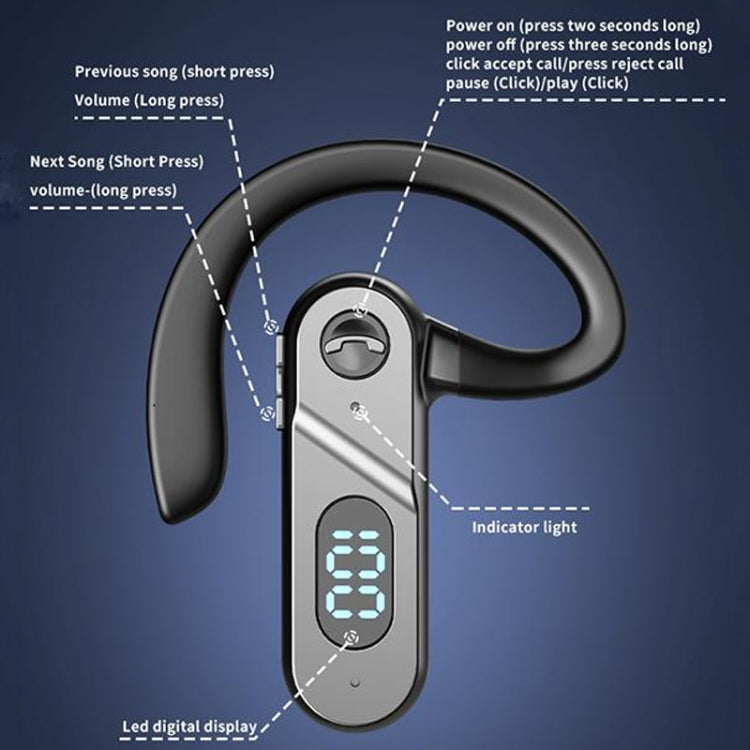 V28 Bluetooth Headset Hanging Ear Digital Display Single Ear Voice Control Earphone, V28 Black