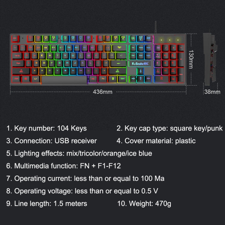 K-Snake K4 104 Keys Glowing Game Wired Mechanical Keyboard, Cable Length: 1.5m, Style:, Black Gray Square Key, Gray Black Square Key, White Pink Square Key, Mixed Light Pink White Square Key, Mixed Light Blue White Square Key