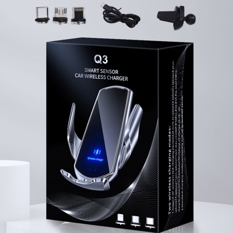 Q3 Infrared Induction Magnetic Car Wireless Charging Phone Bracket with Micro USB + 8 Pin + Type-C / USB-C Magnetic Connector, Q3 Black, Q3 Gold, Q3 Silver, Q3 Blue, Q3 Red