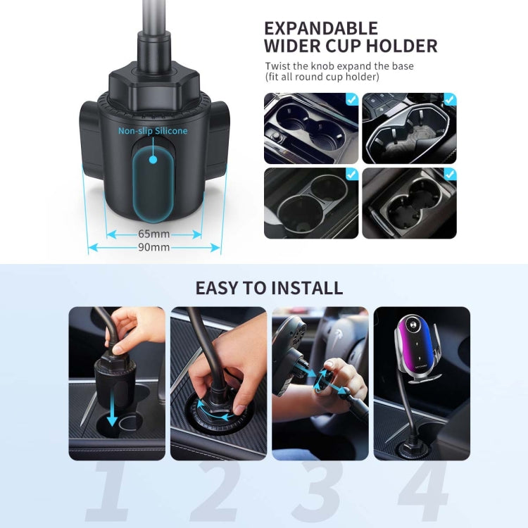 Double Coil Car Wireless Charger Water Cup Holder For Apple14 / 13 / Samsung ZFLIP4 Series, Double Coil Wireless Charger