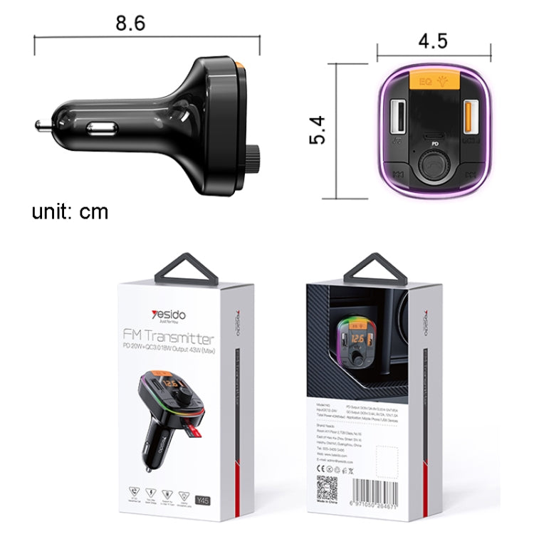 Yesido Y45 Car PD Charger Cigarette Lighter QC Car Charging USB Bluetooth Digital Display FM, Y45