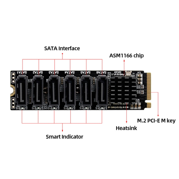 M2 M-EKY PCIE3.0 To SATA6G Transfer Expansion Card 6 Port Hard Disk Expansion Adapter Card, 6 Port