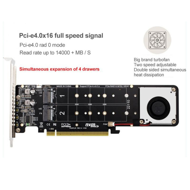 PCI-E X16 to M.2 M-key NVME X4 SSD RAID Array Expansion Adapter Support 2242/2260/2280/22110, PH44Plus