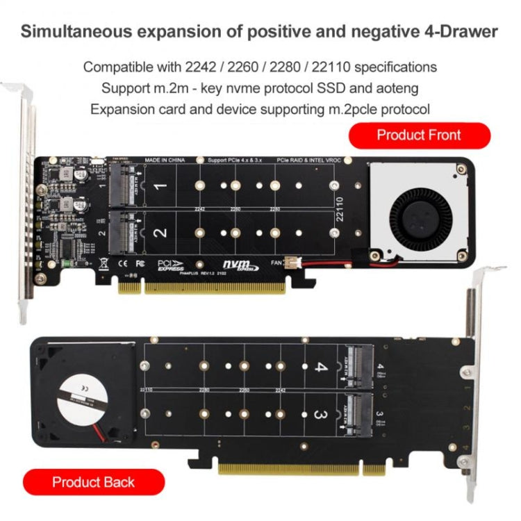 PCI-E X16 to M.2 M-key NVME X4 SSD RAID Array Expansion Adapter Support 2242/2260/2280/22110, PH44Plus