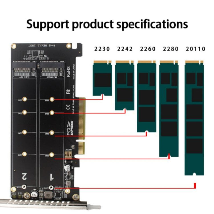 PCI-E X8 Double Disk Transfer Card NVME M.2 MKEY SSD RAID Array Expansion Adapter, PH45