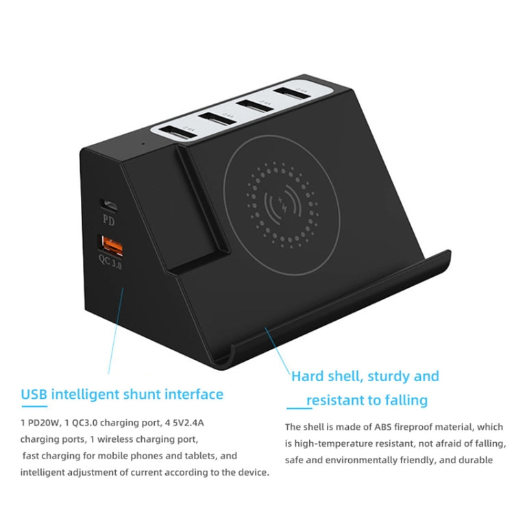 PD 20W +QC 3.0 Wireless Charging+6 Ports Multi-function Charger, Black