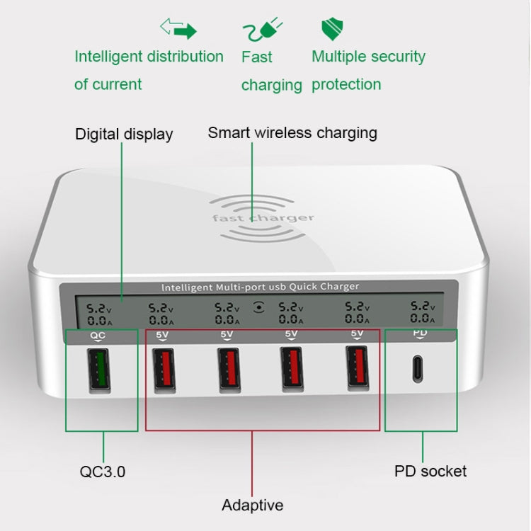 818PF 5 USB Ports + Type-C Smart Digital Display Wireless Phone Charger, US Plug (Black), EU Plug (Black), UK Plug (Black), AU Plug (Black), US Plug (White), EU Plug (White), UK Plug (White), AU Plug (White)