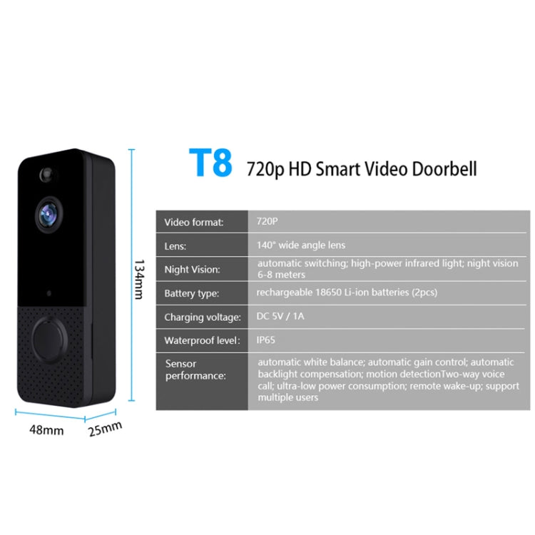 T8  720P Wireless Wifi Remote Video Doorbell Intercom Infrared Night Vision AI Recognition Doorbell, 2600 mAh , 1800 mAh , Without Battery, Alone Machine