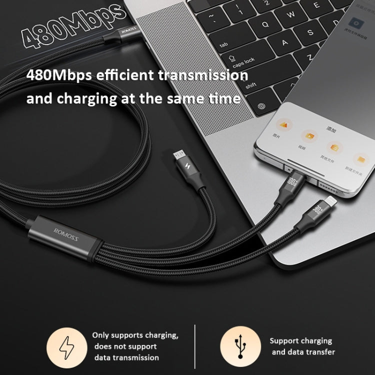 ROMOSS PD100W 3-In-1 Data Cable Type-C/USB-C To 8 Pin & Type-C & Micro Fast Charging Line, PD100W 3-In-1 (Black), PD100W 3-In-1  (Gray)