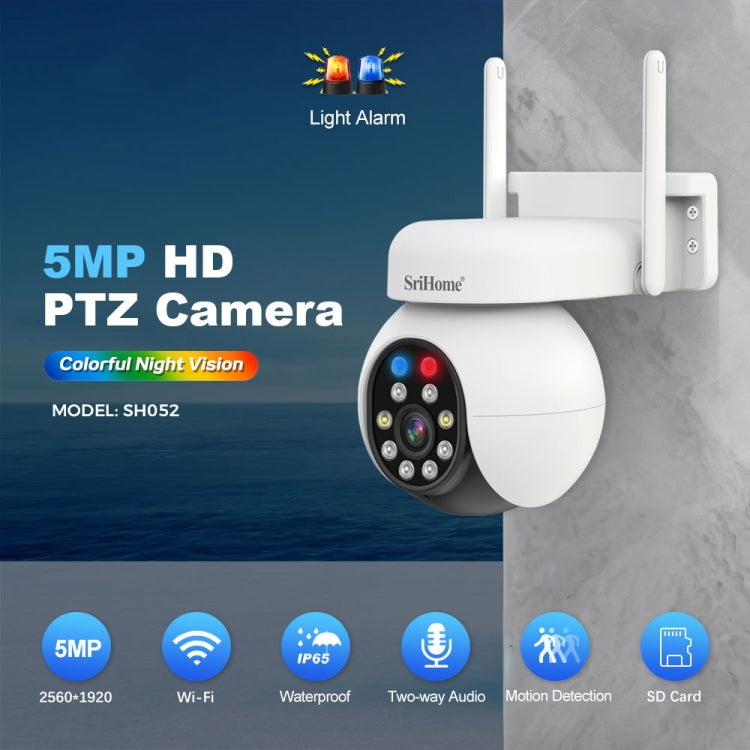 SriHome SH052B Wifi 5MP Wireless PTZ IP AI Auto Tracking Sound&Light Alarm Starlight Color Night Vision Outdoors Surveillance Camera, EU, US, UK, AU